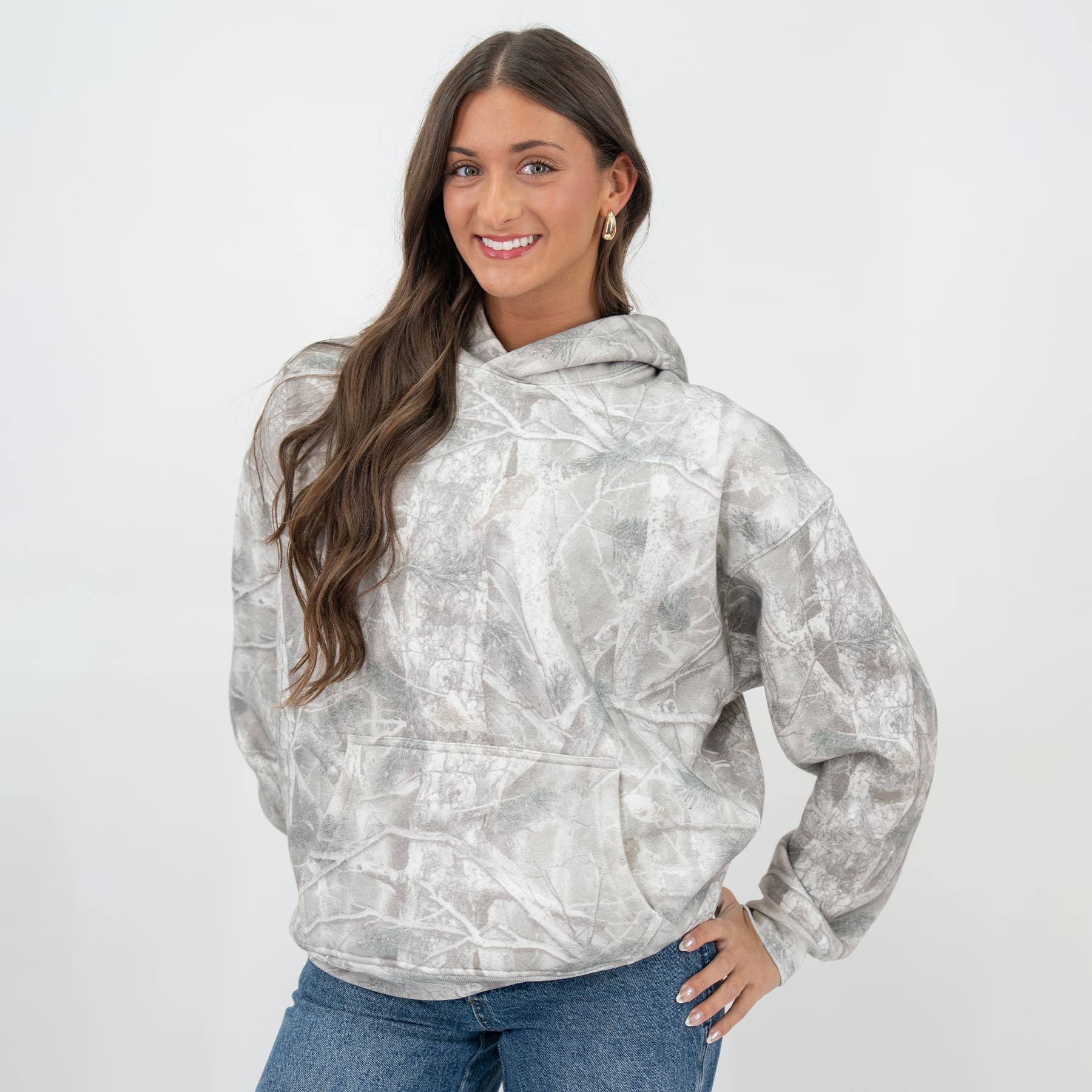 Premium camo hoodie with double-lined hood and oversized fit